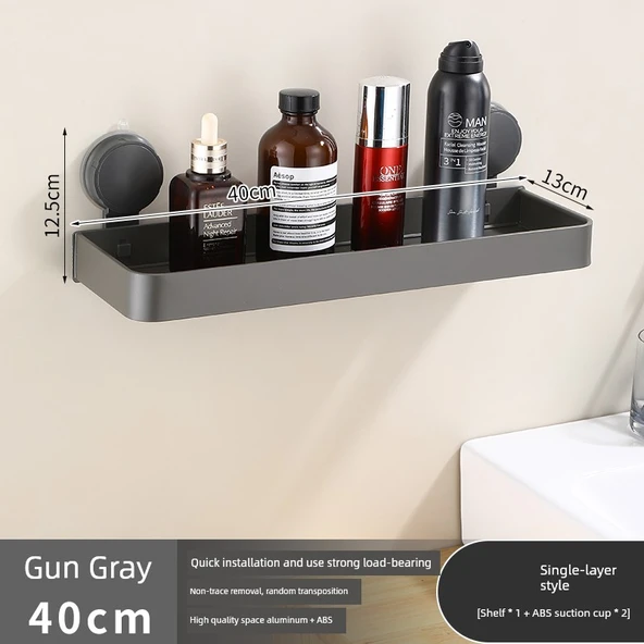 Vantuzlu Banyo Rafı - Alüminyum - Füme - 40cm