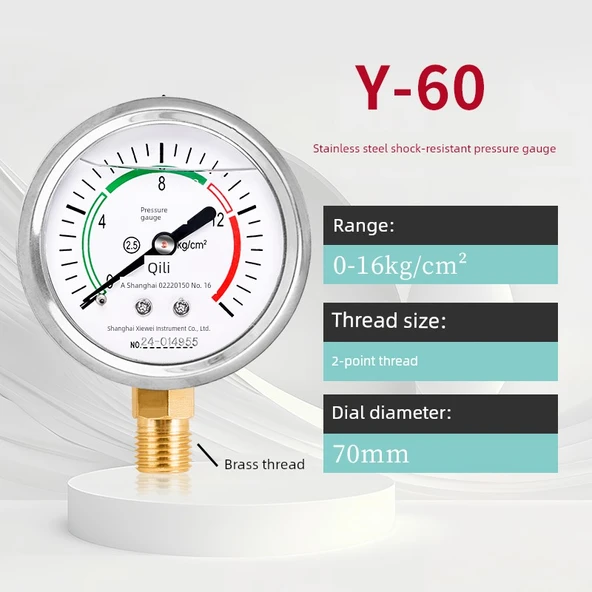Darbeye Dayanıklı Yağlı Su Basınç Ölçer 0-16kg Tek Tablo 2 Nokta Dişli