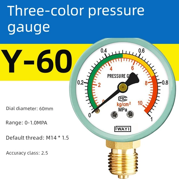 Y60 Basınç Ölçer - 0-0.1Mpa - M14 1.5 Diş - Üç Renkli