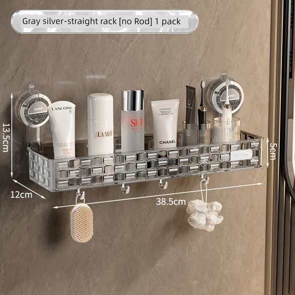 Vantuzlu Banyo Rafı - Şeffaf Gri Çubuksuz