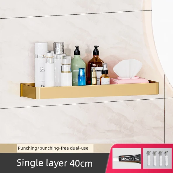 Altın Banyo Rafı - Duvara Monte Deliksiz - 40 cm, Havluluksuz