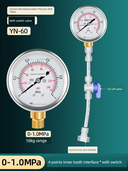 Darbeye Dayanıklı Su Basınç Ölçer 0-1.0MPa - 4 İç Diş Arayüzü - Anahtarlı