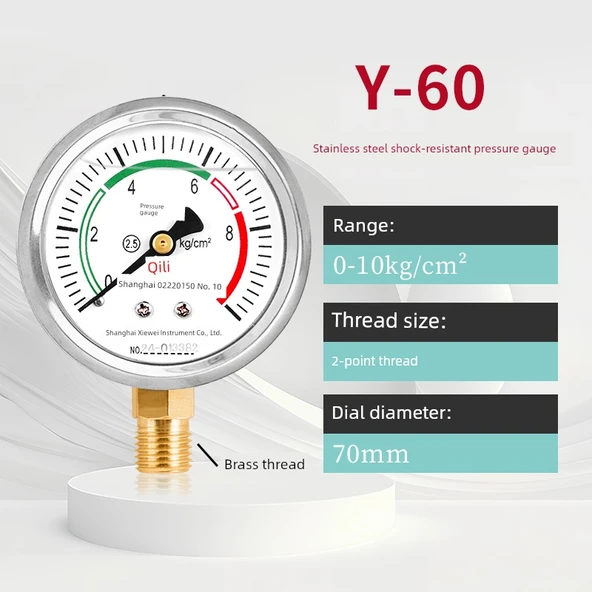 Darbeye Dayanıklı Yağlı Su Basınç Ölçer 0-10kg Tek Tablo 2 Nokta Dişli