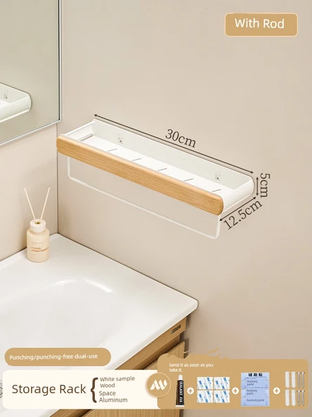 Kayın Banyo Duvar Rafı - Sökülebilir Yıkanabilir 30cm - Havluluklu