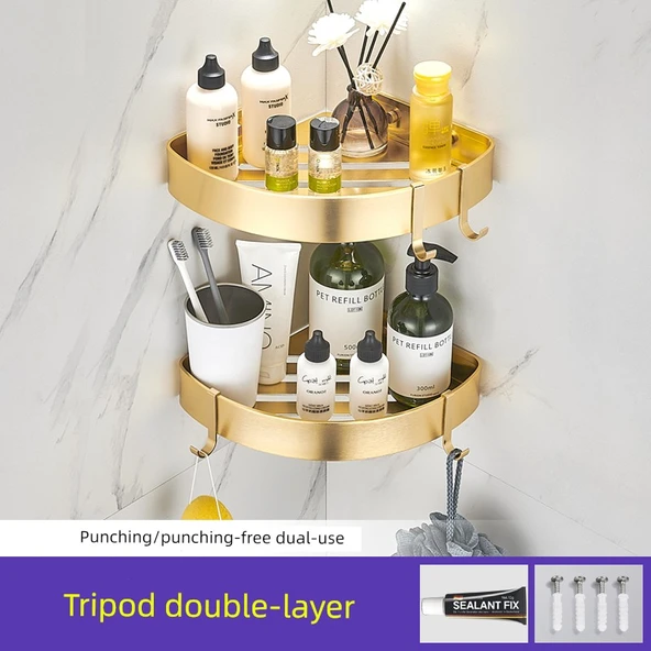 Altın Banyo Köşe Rafı - İki Katlı, Kancalı