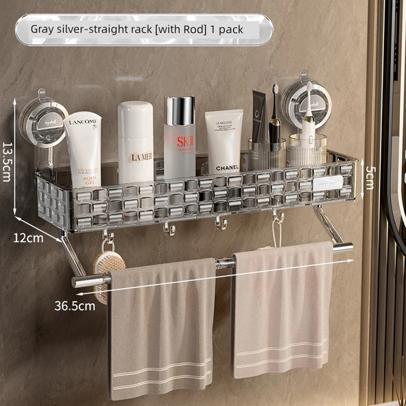 Vantuzlu Banyo Rafı - Şeffaf Gri Çubuklu Model