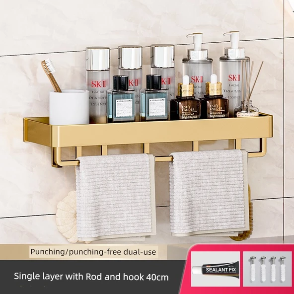 Altın Banyo Rafı - Duvara Monte Deliksiz - 40 cm, Havlu Barlı