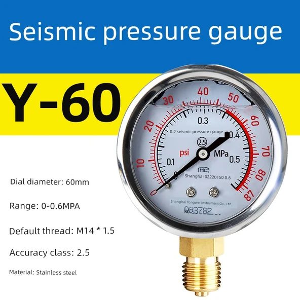 Y60 Basınç Ölçer - 0-0.6Mpa - M14 1.5 Diş - Standart - Darbeye Dayanıklı