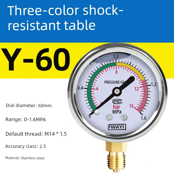 Y60 Basınç Ölçer - 0-1.6Mpa - M14 1.5 Diş - Üç Renkli - Darbeye Dayanıklı