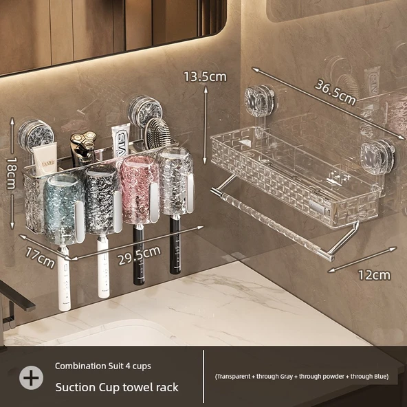 Vantuzlu Banyo Rafı - Şeffaf Raf + 4 Bardaklı Diş Fırçası Seti