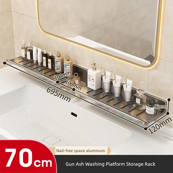 Alüminyum Banyo Rafı - 70cm - Kanal Tasarımlı - Delmesiz Montaj