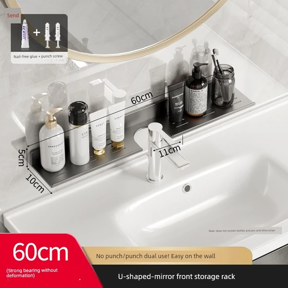 Lavabo Bataryası Rafı - Duvar Tipi - Alüminyum - Deliksiz - Füme 60cm
