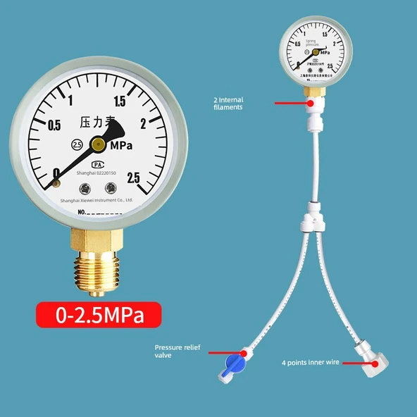 Su Basınç Ölçer - 0-2.5MPA 4 Nokta İç Diş Arayüzü * Basınç Tahliye Valfli