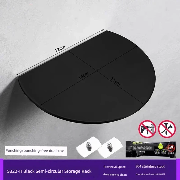 304 Siyah Yarım Daire Banyo Rafı - Delikli/Deliksiz - Tuvalet Telefon Standı
