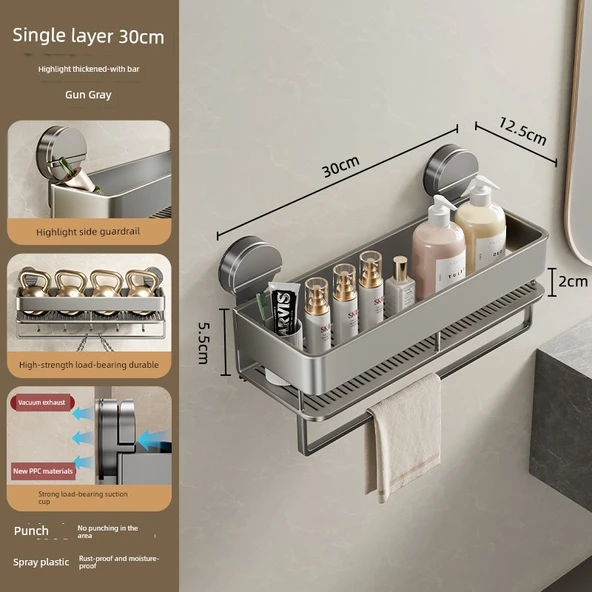 Deliksiz Tuvalet Lavabo Banyo Rafı - Vantuzlu Havluluklu 30cm