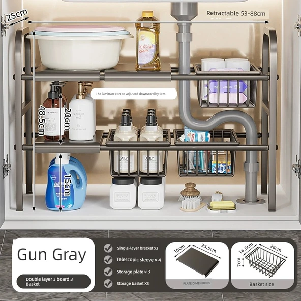 Lavabo Altı Düzenleyici - Füme Gri - Çift Katlı - 3 Tabak, 3 Sepet
