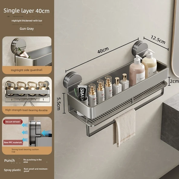 Deliksiz Tuvalet Lavabo Banyo Rafı - Vantuzlu Havluluklu 40cm