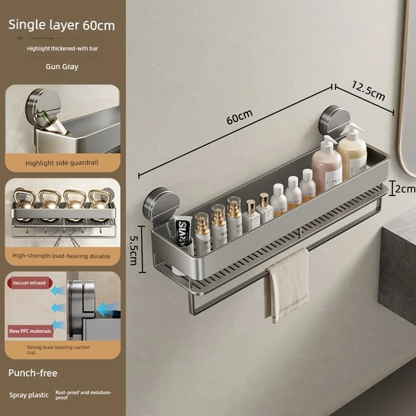 Deliksiz Tuvalet Lavabo Banyo Rafı - Vantuzlu Havluluklu 60cm