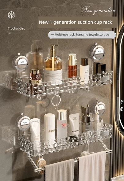 Vantuzlu Banyo Rafı - Şeffaf Çubuksuz + Çubuklu 2'li Paket - 7
