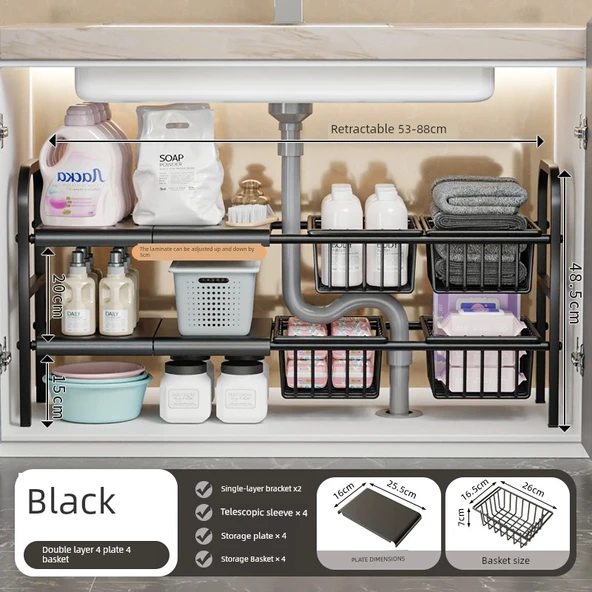 Lavabo Altı Düzenleyici - Siyah - Çift Katlı - 4 Tabak, 4 File Sepet