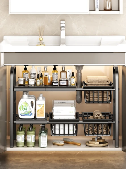 Lavabo Altı Düzenleyici - Siyah - Tek Katlı - 2 Tabak, 2 Sepet - 7