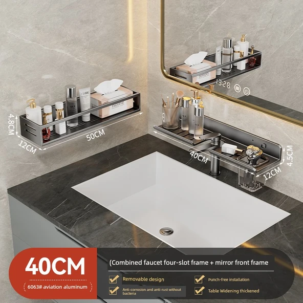 Duvara Monte Banyo Rafı - Füme Gri - 40cm - Aynalı Ön Raf ve 50cm Raf