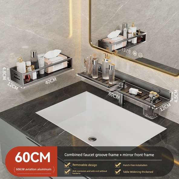 Duvara Monte Banyo Rafı - Füme Gri - 60cm - Aynalı Ön Raf ve 40cm Raf