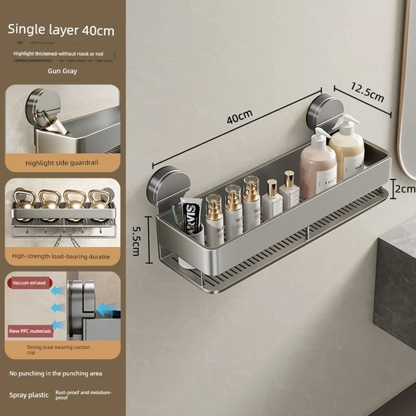 Deliksiz Tuvalet Lavabo Banyo Rafı - Vantuzlu 40cm