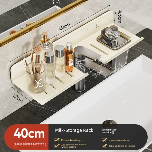 Duvara Monte Banyo Rafı - Süt Beyazı - 40cm - Aynalı Ön Raf ve Bardaklı