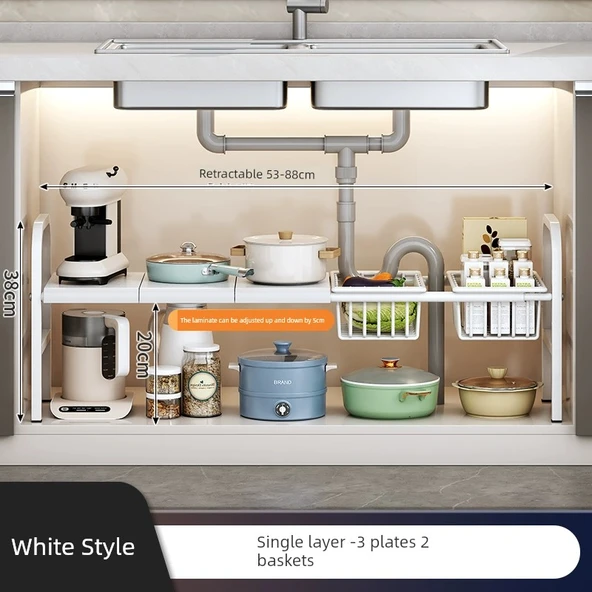 Lavabo Altı Düzenleyici - Beyaz - Tek Katlı - 3 Tabak, 2 Sepet