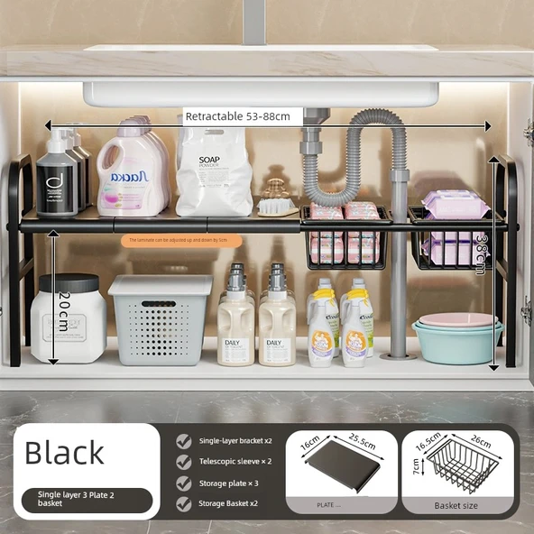 Lavabo Altı Düzenleyici - Siyah - Tek Katlı - 3 Tabak, 2 Sepet