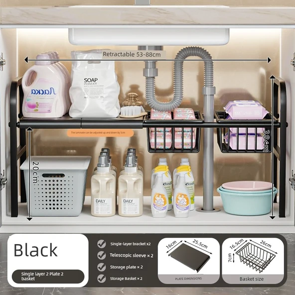Lavabo Altı Düzenleyici - Siyah - Tek Katlı - 2 Tabak, 2 Sepet