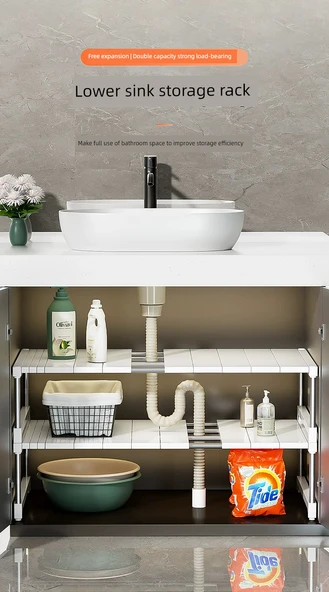 Lavabo Altı Düzenleyici Raf - 60-68cm Uzunluk, 42cm Genişlik, 33cm Yükseklik - 6