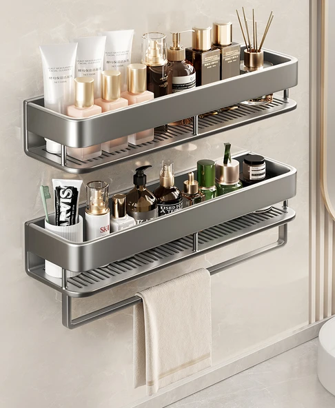 Deliksiz Tuvalet Lavabo Banyo Rafı - Tek Katlı - Havluluklu Gri 50cm - 7