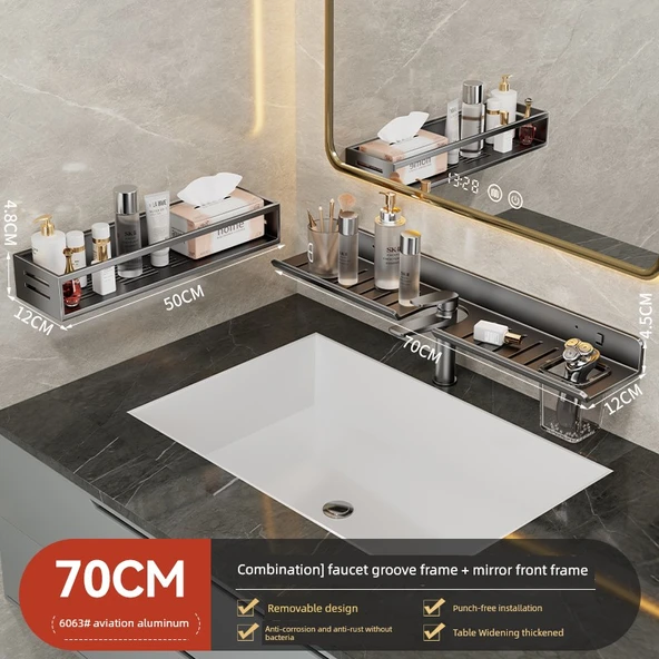 Duvara Monte Banyo Rafı - Füme Gri - 70cm - Aynalı Ön Raf ve 50cm Raf