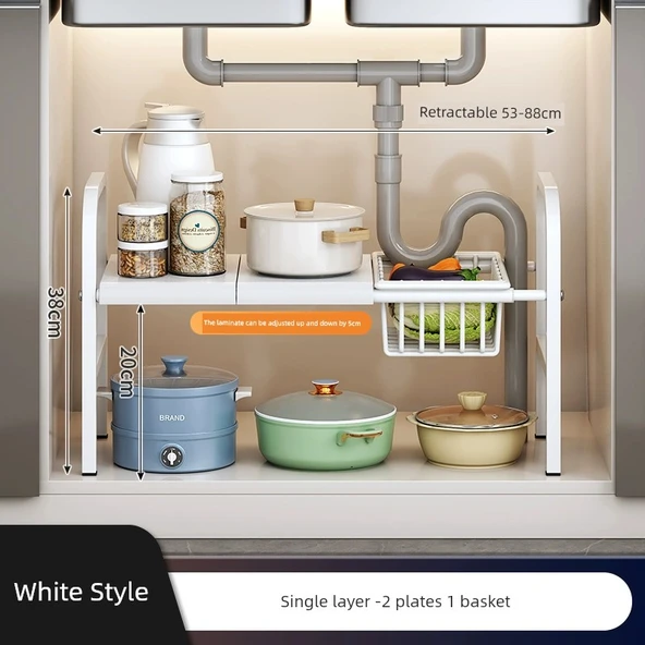 Lavabo Altı Düzenleyici - Beyaz - Tek Katlı - 2 Tabak, 1 Sepet