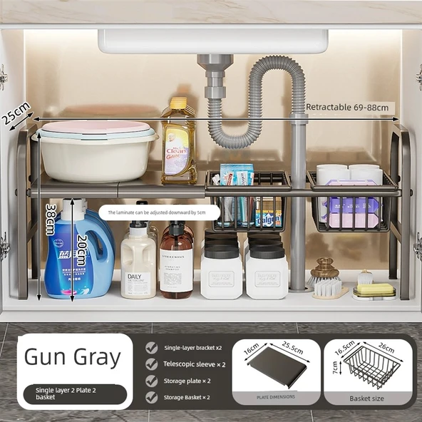 Lavabo Altı Düzenleyici - Füme Gri - Tek Katlı - 2 Bölme, 2 Sepet