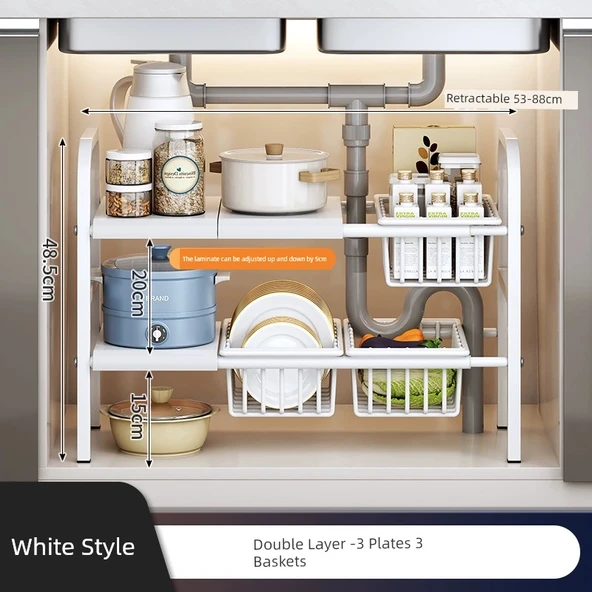 Lavabo Altı Düzenleyici - Beyaz - Çift Katlı - 3 Tabak, 3 Sepet