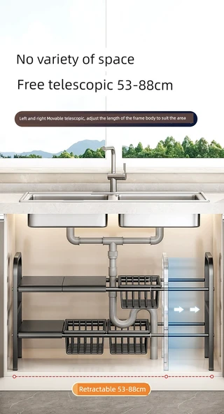 Lavabo Altı Düzenleyici - Siyah - Tek Katlı - 2 Tabak, 2 Sepet - 10