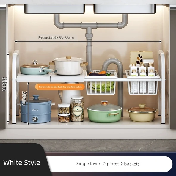 Lavabo Altı Düzenleyici - Beyaz - Tek Katlı - 2 Tabak, 2 Sepet