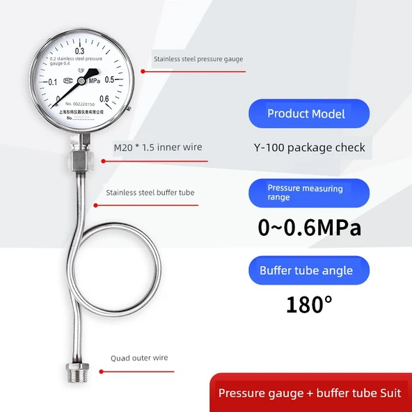 Paslanmaz Çelik Basınç Ölçer 0-0.6MPa - 180 Derece Tampon Tüplü