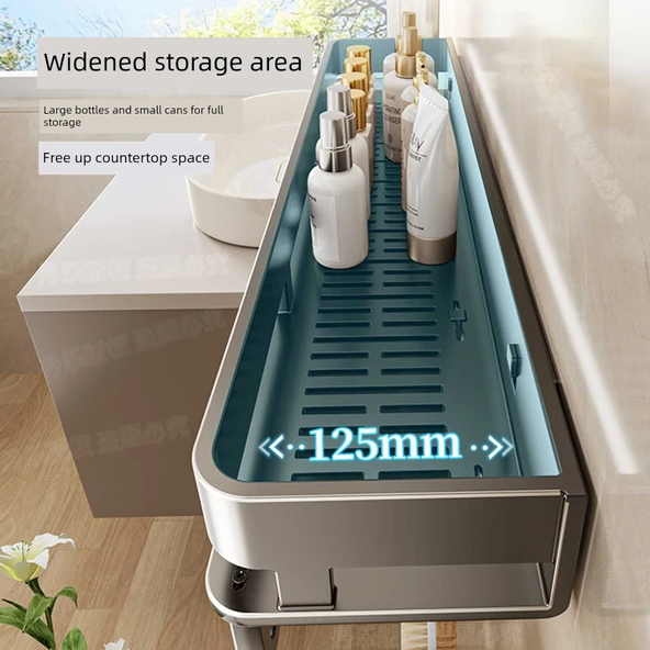 Deliksiz Duvara Monte Banyo Rafı - Çift Katmanlı Bambu Desenli Raf 30 cm Kancalı ve Çubuklu (Gri) - 4