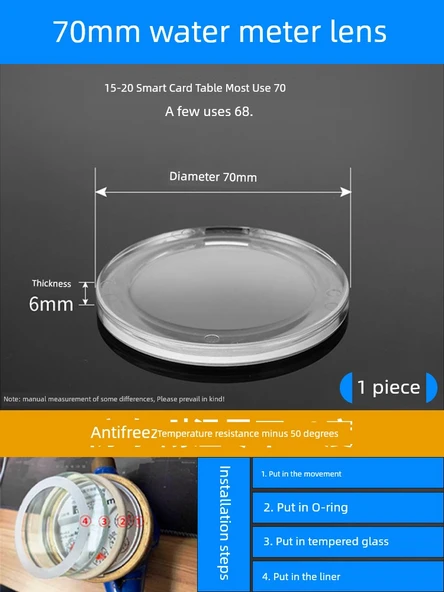 Donmaya Karşı Su Sayacı Camı - -50 Derece, 70mm x 6mm, Tek Parça