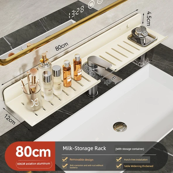 Duvara Monte Banyo Rafı - Süt Beyazı - 80cm - Aynalı Ön Raf ve Bardaklı