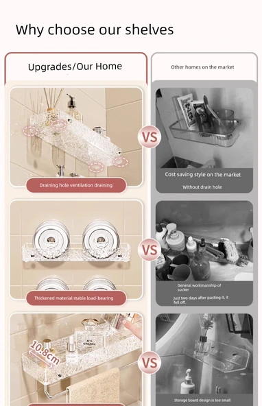 Duvara Monte Akrilik Banyo Rafı - Şeffaf Gümüş 40cm + Havluluk + Bölme Kutusu - 9