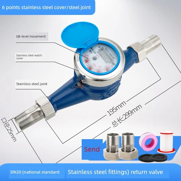 Su Sayacı - 20mm Paslanmaz Çelik Bağlantı Elemanları Çek Valfli