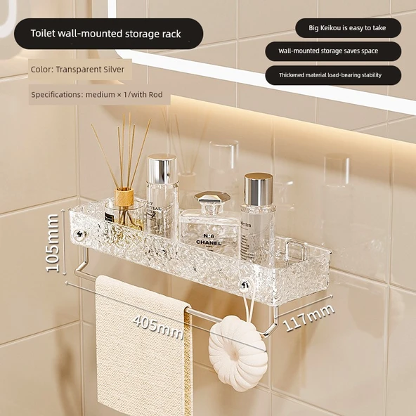 Duvara Monte Akrilik Banyo Rafı - Şeffaf Gümüş 40cm + Havluluk