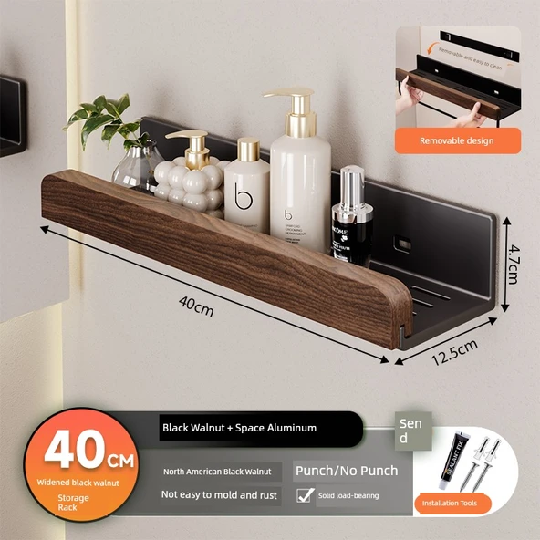 Siyah Ceviz Banyo Rafı - Duvara Monte - Deliksiz - Genişletilmiş 40cm