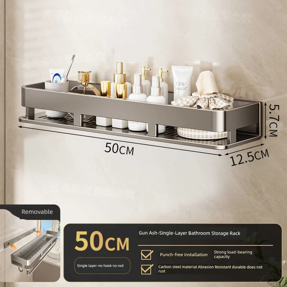 Deliksiz Duvara Monte Banyo Rafı - Arka Bambu Raf 50 cm (Gri)
