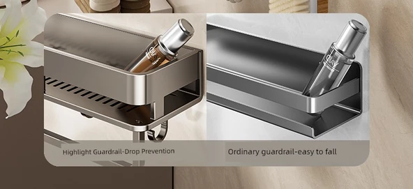 Deliksiz Duvara Monte Banyo Rafı - Çift Katmanlı Bambu Desenli Raf 30 cm Kancalı ve Çubuklu (Gri) - 9